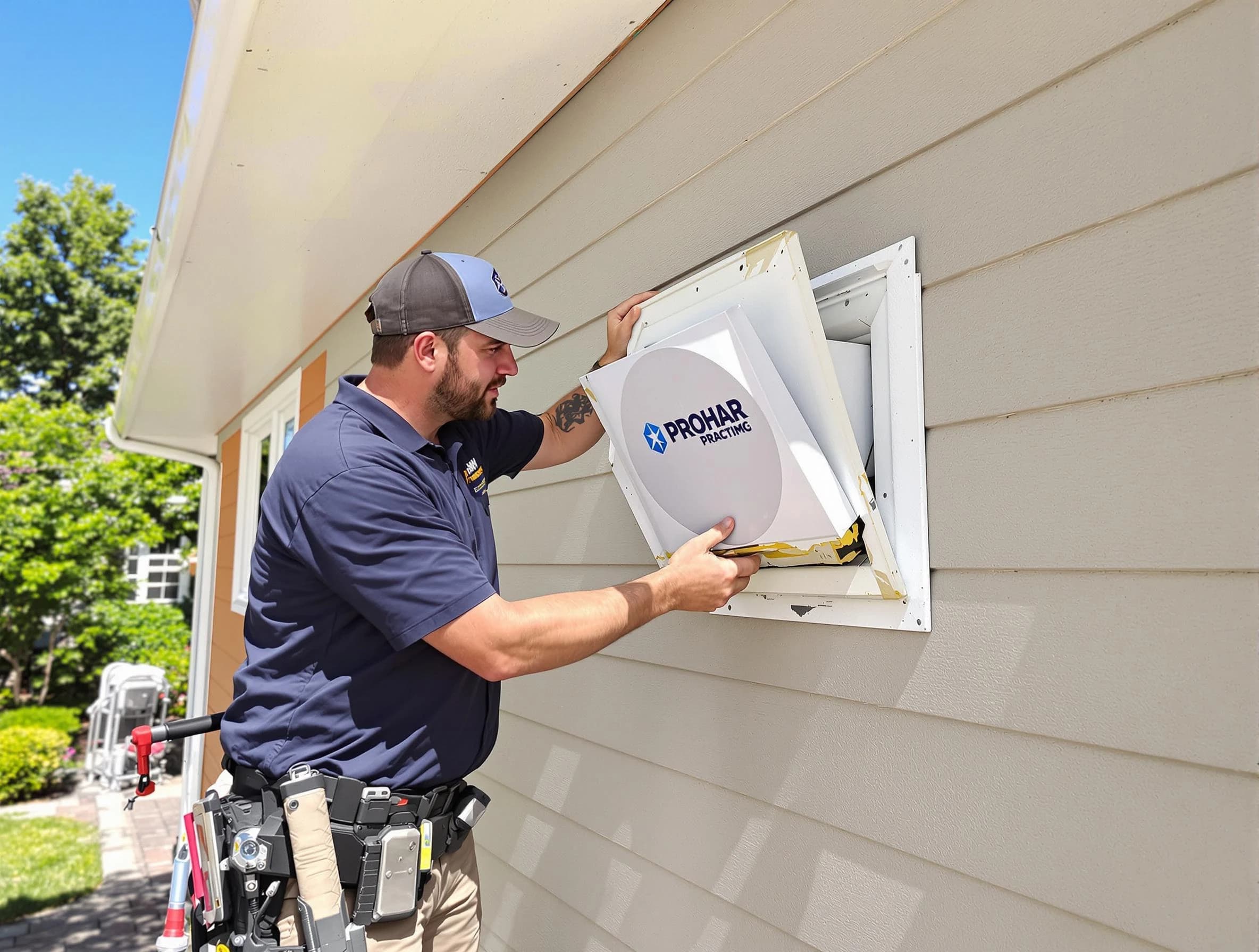 Stockbridge Dryer Vent Cleaning technician installing a new protective dryer vent cover on a home in Stockbridge