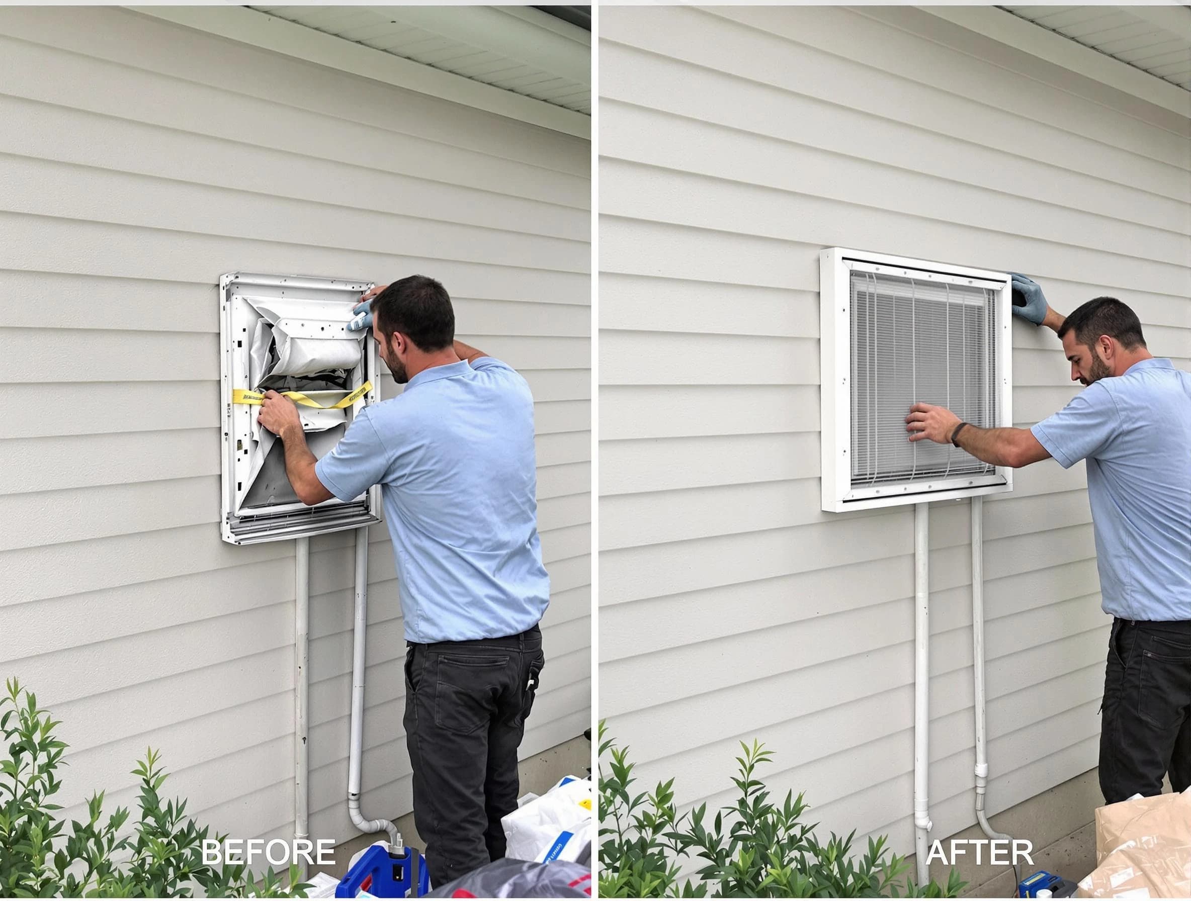 Stockbridge Dryer Vent Cleaning technician installing high-quality dryer vent cover at a residential property in Stockbridge