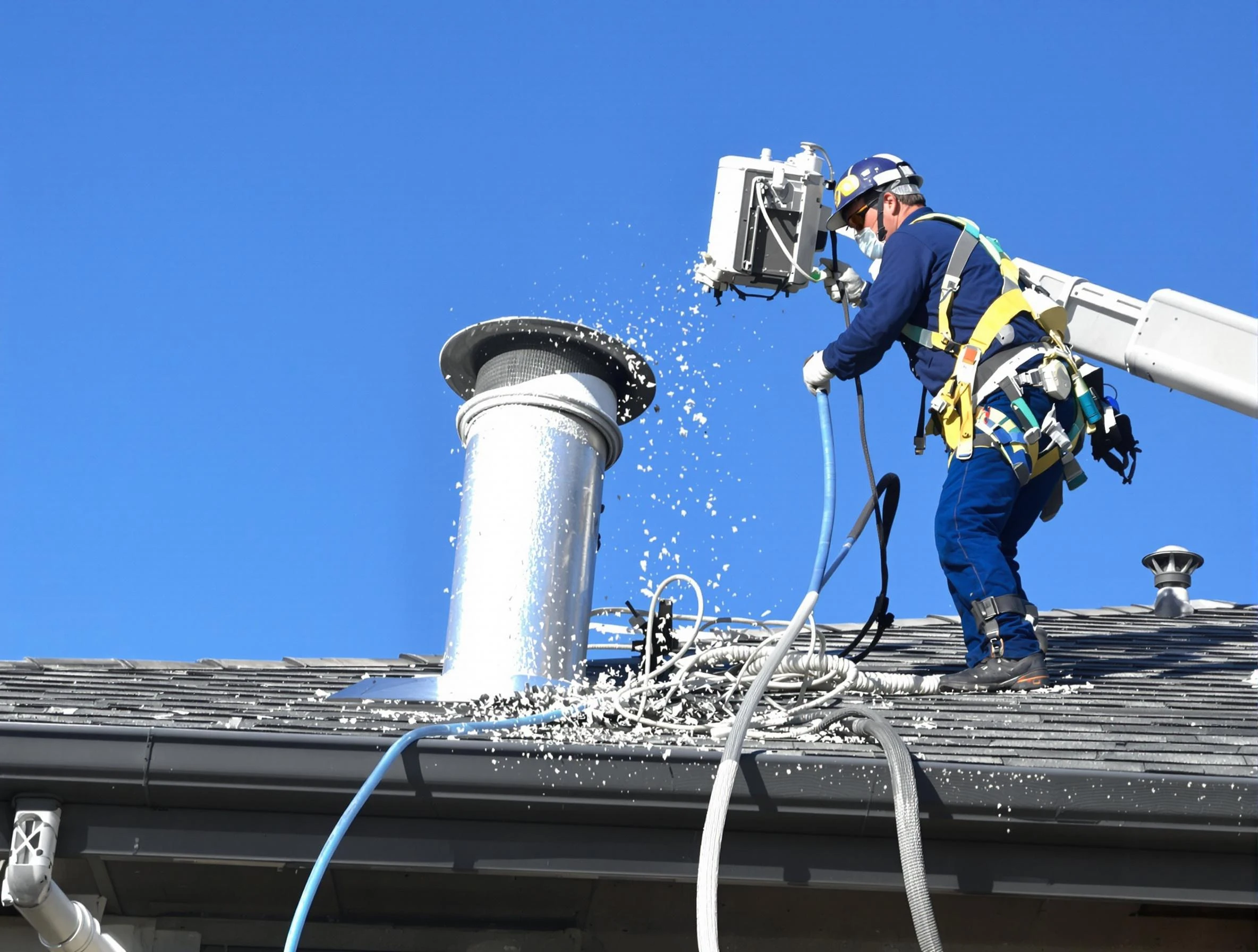 Stockbridge Dryer Vent Cleaning certified technician safely cleaning a roof-mounted dryer vent in Stockbridge